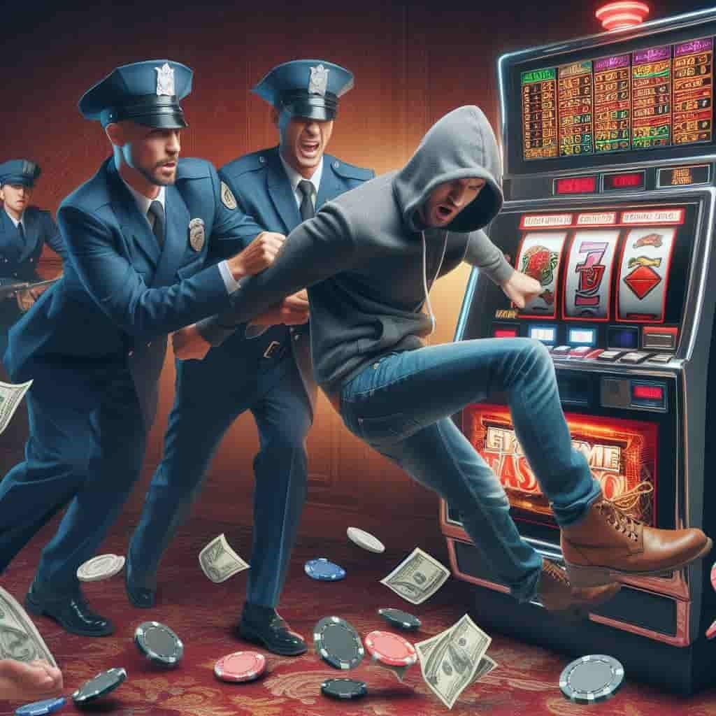 A group of men in uniform playing a slot machine

Description automatically generated