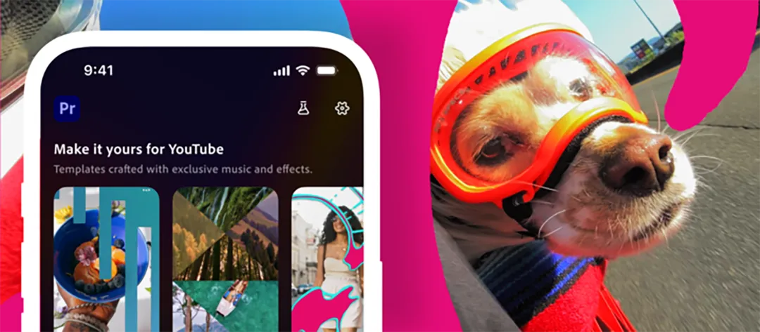 Mockup of Premiere Pro for iPhone next to a dog with ski goggles