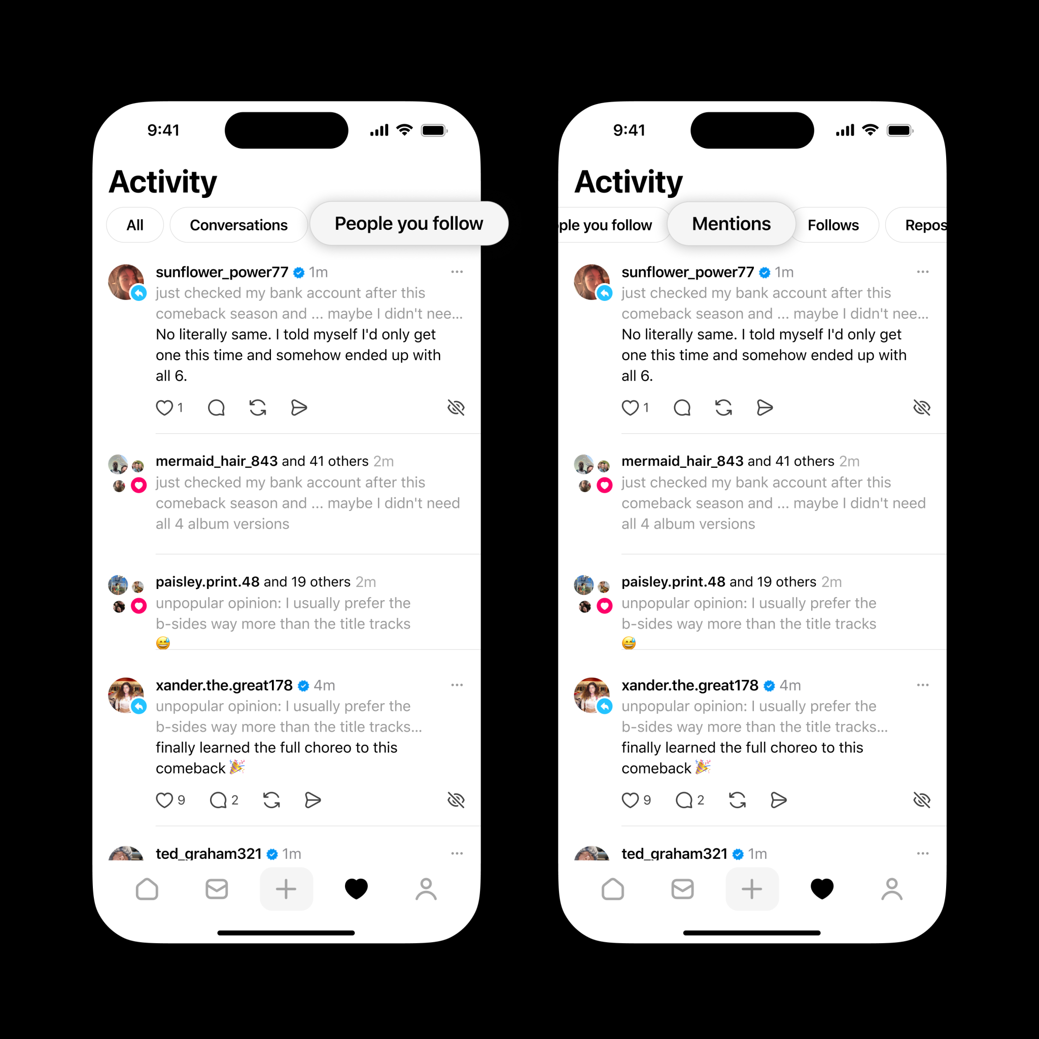 Screenshot of the notification section of Threads, highlighting the sorting options.