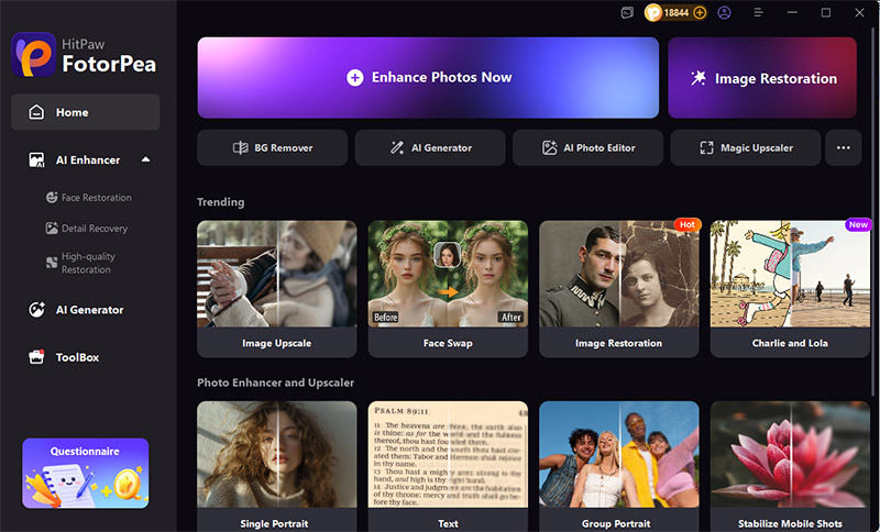 The user interface of HitPaw FotorPea for uploading a photo