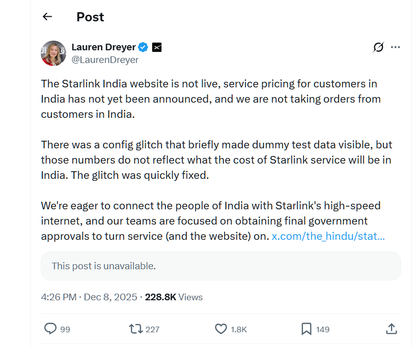 Lauren Dreyer, VP of Starlink Business Operations, addressing the situation