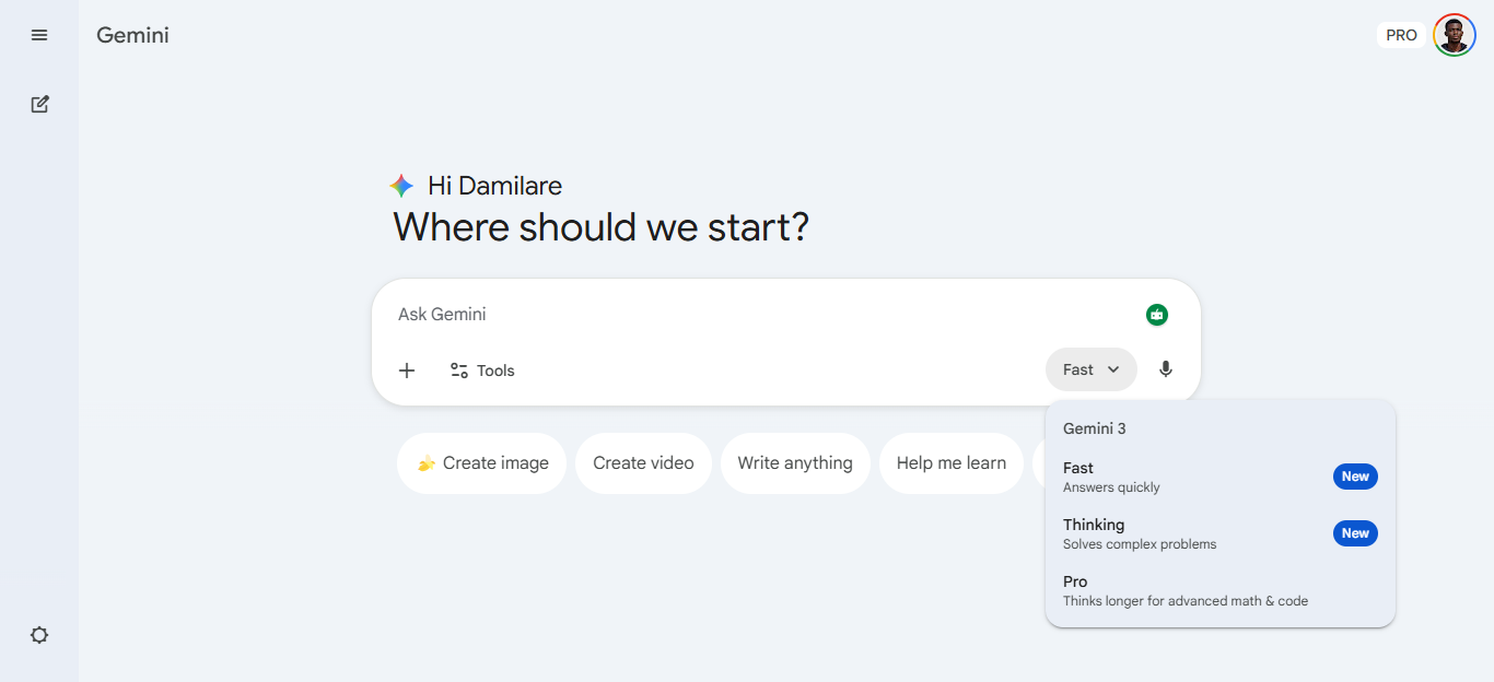 Gemini offers three modes from the gemini 3 flash: Fast, Thinking, and Pro.