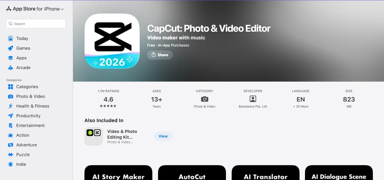 Screenshot of Capcut for iphone on app store web