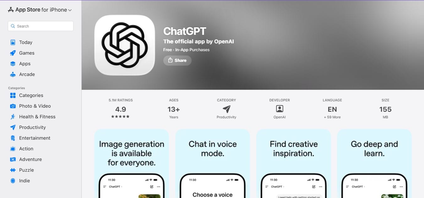 Screenshot of Chatgpt for iphone on app store web