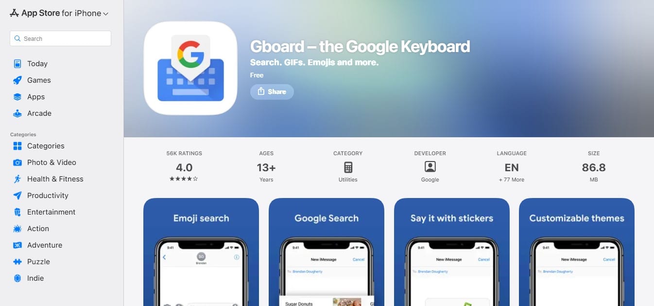 Screenshot of Gboard for iphone on app store web