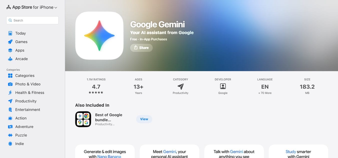 Screenshot of Gemini for iphone on app store web
