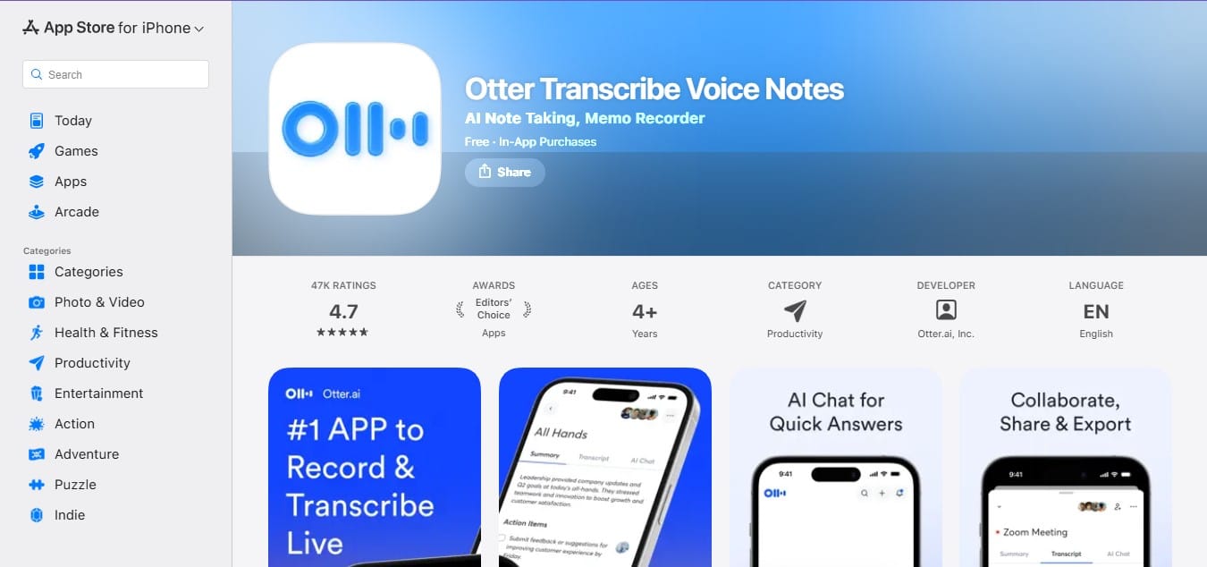 Screenshot of Otter for iphone on app store web