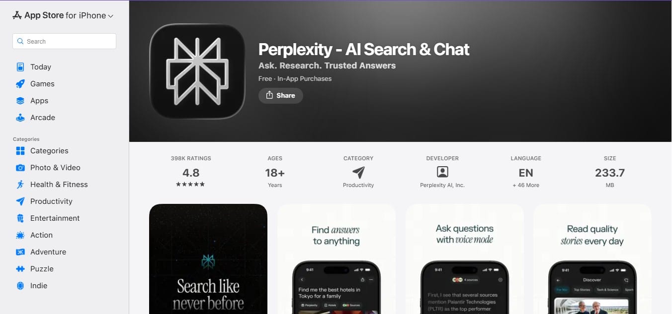 Screenshot of Perplexity for iphone on app store web