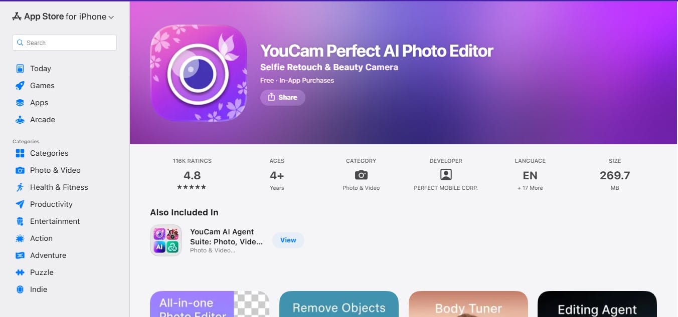 Screenshot of Youcam prefect ai photo editor for iphone on app store web