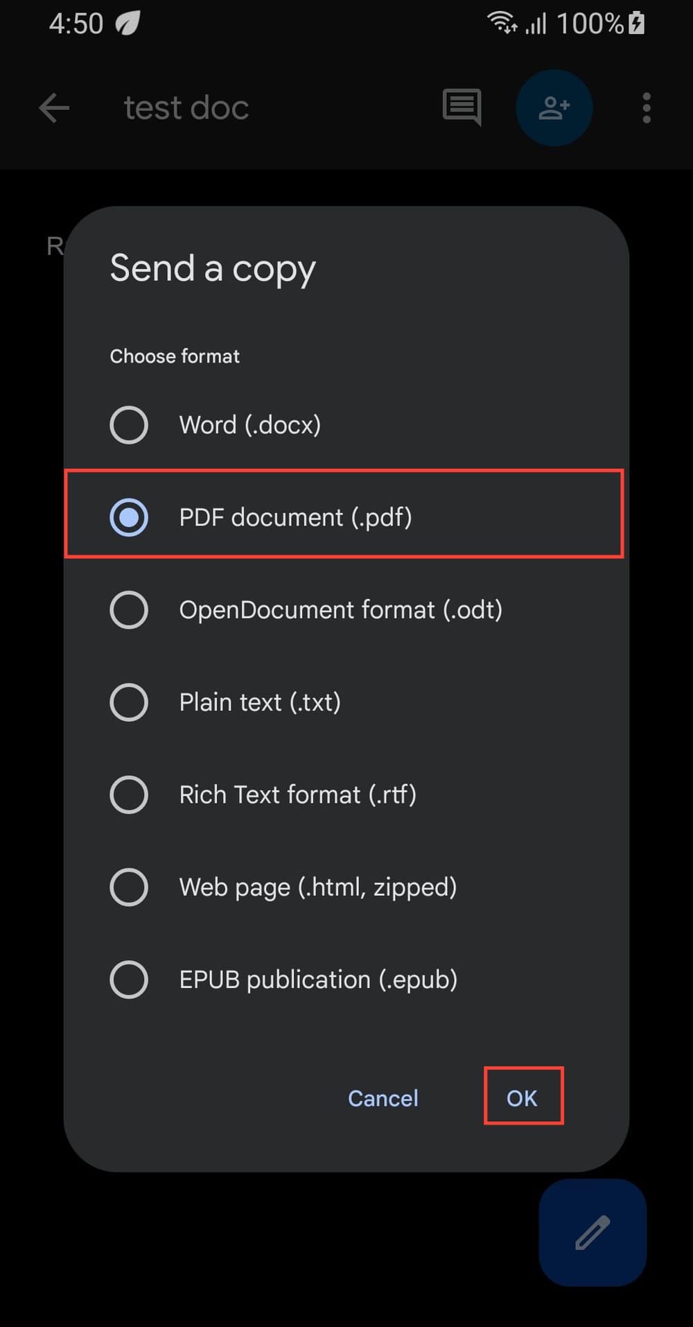 How to convert Google Docs file to PDF