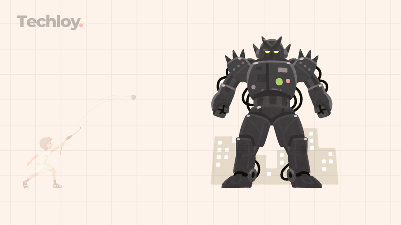 A child with a slingshot faces a large, black robotic figure standing in front of buildings.